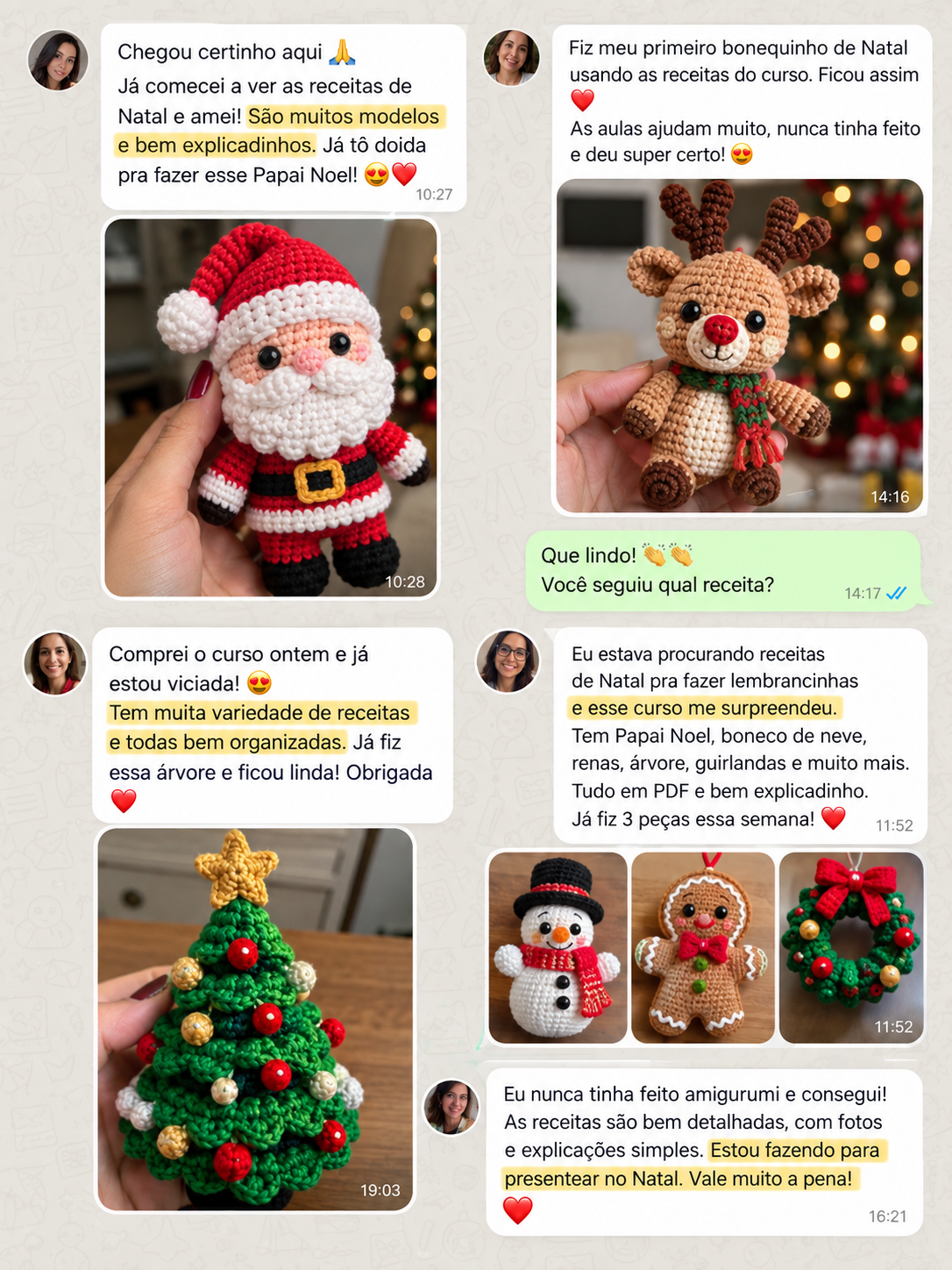 Capturas reais de mensagens sobre receitas de Natal e peças criadas