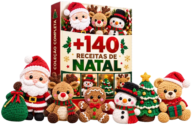 Coleção +140 Receitas de Natal com amigurumis de Papai Noel, rena, boneco de neve, árvore e ursinho